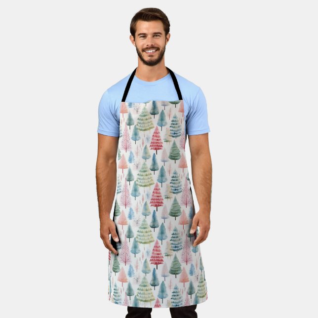 Colourful Pastel Christmas Pine Trees Pattern Apron (Worn)
