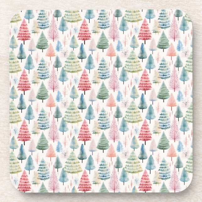 Colourful Pastel Christmas Pine Trees Pattern Coaster (Front)