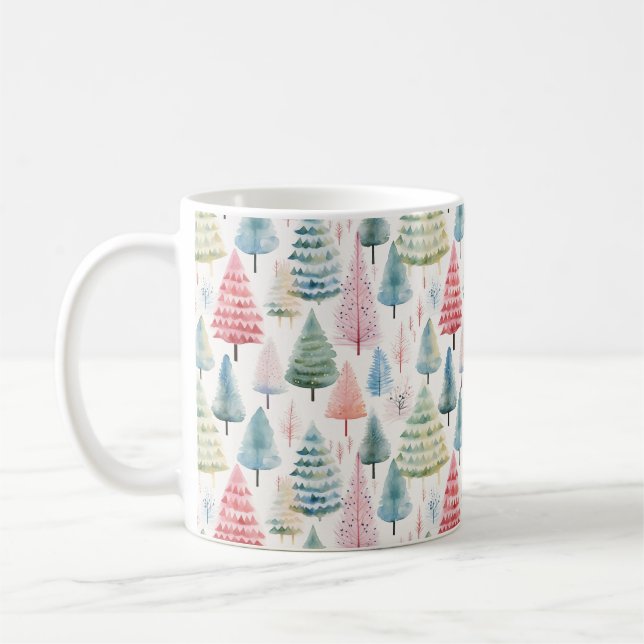Colourful Pastel Christmas Pine Trees Pattern Coffee Mug (Left)