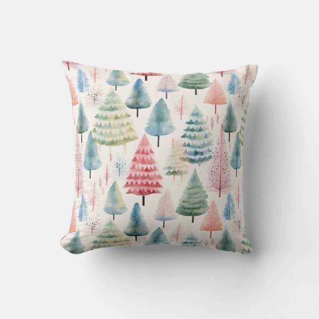 Colourful Pastel Christmas Pine Trees Pattern Cushion (Front)