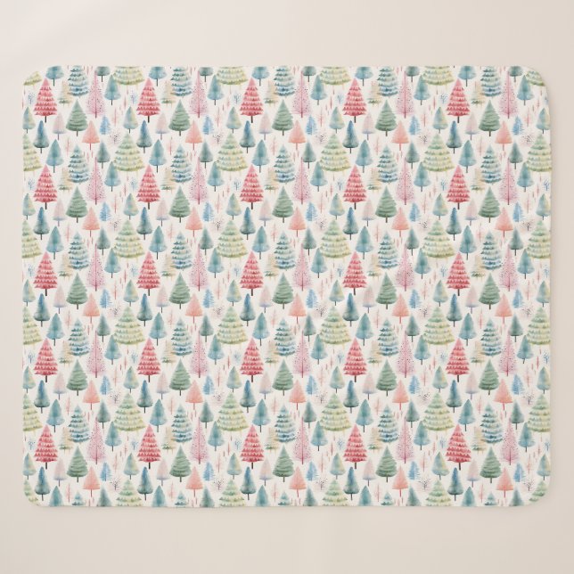 Colourful Pastel Christmas Pine Trees Pattern Sherpa Blanket (Front (Horizontal))