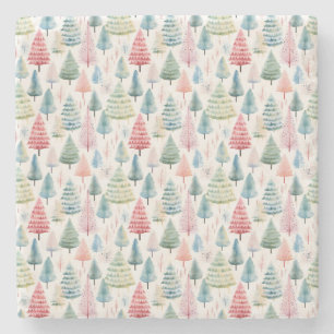Colourful Pastel Christmas Pine Trees Pattern Stone Coaster