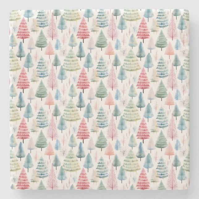Colourful Pastel Christmas Pine Trees Pattern Stone Coaster (Front)