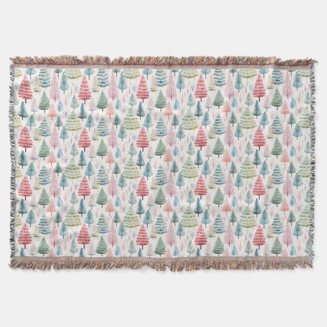 Colourful Pastel Christmas Pine Trees Pattern Throw Blanket (Front)