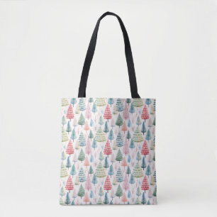 Colourful Pastel Christmas Pine Trees Pattern Tote Bag
