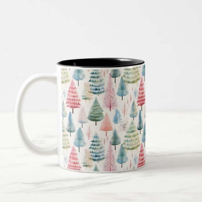 Colourful Pastel Christmas Pine Trees Pattern Two-Tone Coffee Mug (Left)