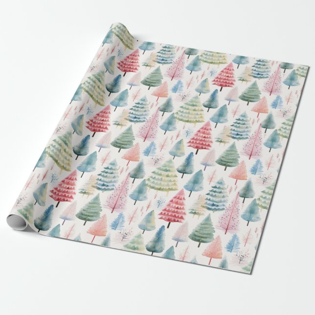 Colourful Pastel Christmas Pine Trees Pattern Wrapping Paper (Unrolled)