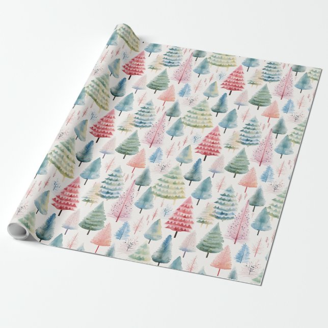 Colourful Pastel Christmas Pine Trees Pattern Wrapping Paper (Unrolled)
