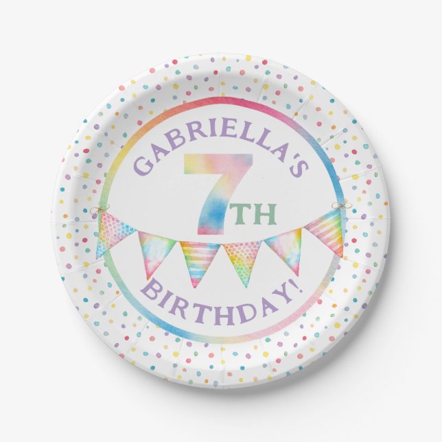 Colourful Pastel Confetti 7th Birthday Party Favou Paper Plate (Front)