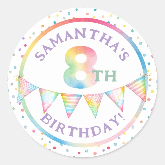 Colourful Pastel Confetti 8th Birthday Party Favou Classic Round Sticker (Front)