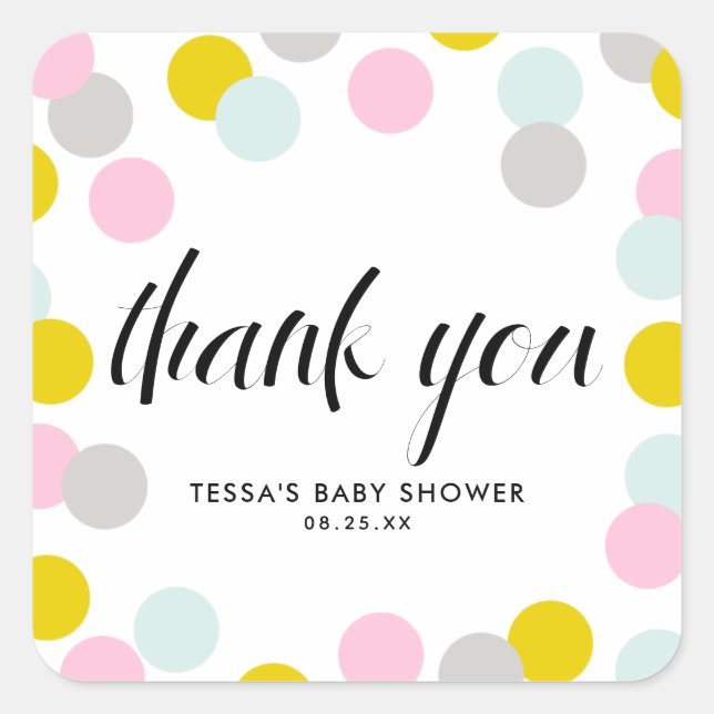 Colourful Pastel Confetti Dots Frame Thank You Square Sticker (Front)