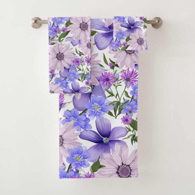Colourful Pastel Cute Lavender Daisies Fern Patter Bath Towel Set (Insitu)
