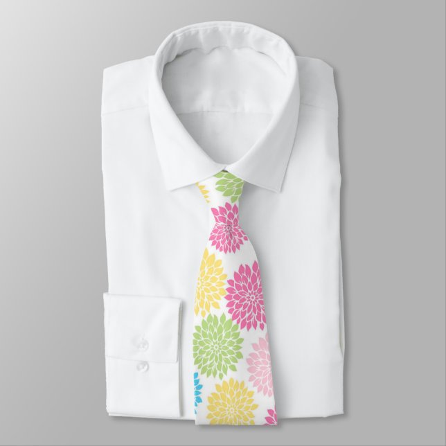 Colourful Pastel dahlia flowers pattern Tie (Tied)