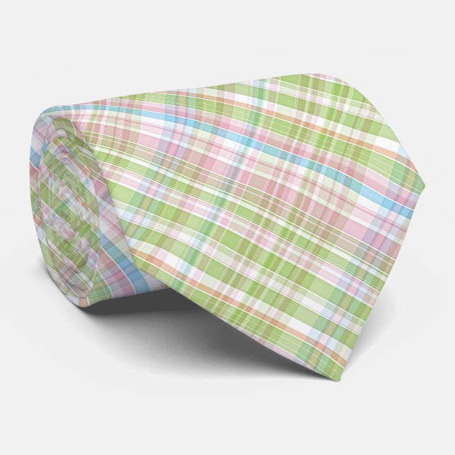 Colourful Pastel Diagonal Tartan Plaid Pattern Tie (Rolled)