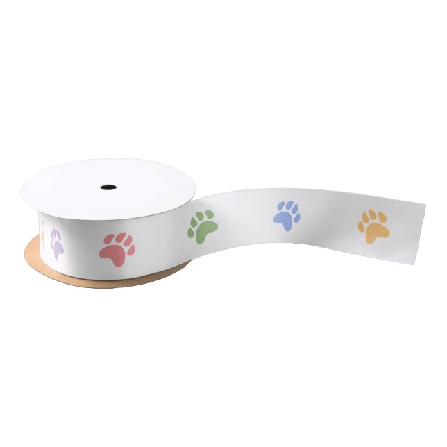 Colourful Pastel Dog Animal Paw Prints Satin Ribbon (Spool)