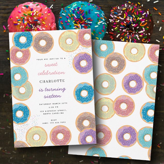 Colourful Pastel Doughnuts & Sprinkles Kids Birthd Invitation (Colorful Pastel Donuts & Sprinkles Kids Birthday Invitation)