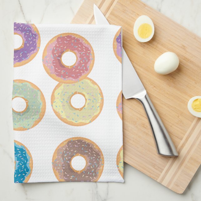 Colourful Pastel Doughnuts & Sprinkles Pattern Tea Towel (Quarter Fold)