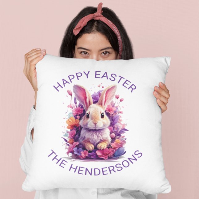 Colourful Pastel Easter Bunny & Watercolor Florals Cushion (Creator Uploaded)