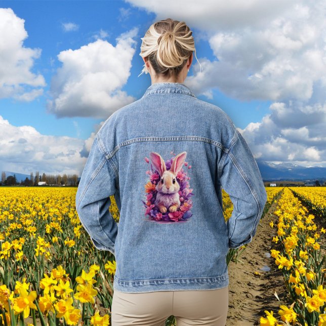 Colourful Pastel Easter Bunny & Watercolor Florals Denim Jacket (Creator Uploaded)