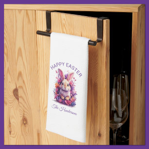 Colourful Pastel Easter Bunny & Watercolor Florals Tea Towel