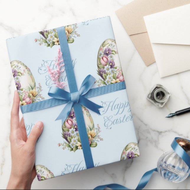 Colourful Pastel Easter Eggs Floral Pattern Blue Wrapping Paper (Creator Uploaded)