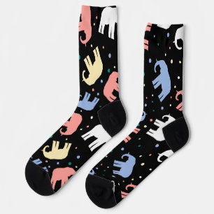 Colourful pastel elephants on black socks