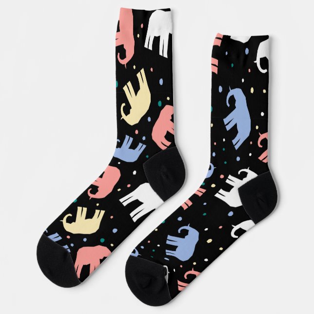 Colourful pastel elephants on black socks (Left)