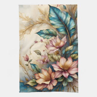 Colourful pastel floral and leaves tea towel