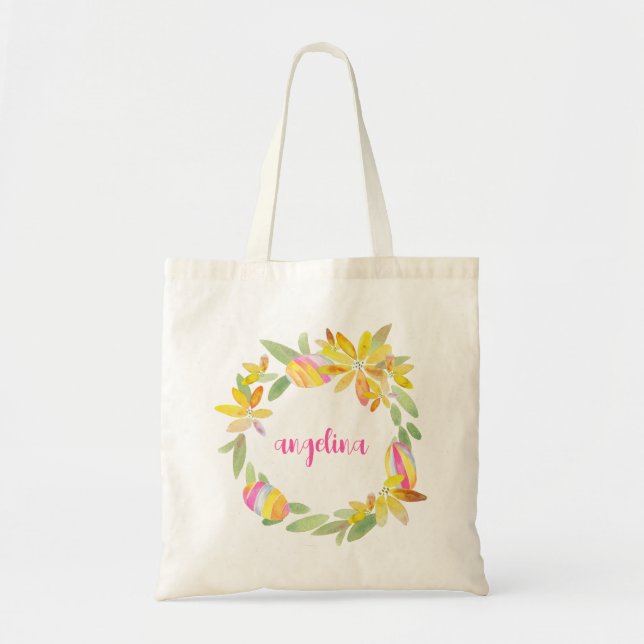 Colourful Pastel Floral Wreath Easter Egg Hunt  Tote Bag (Front)