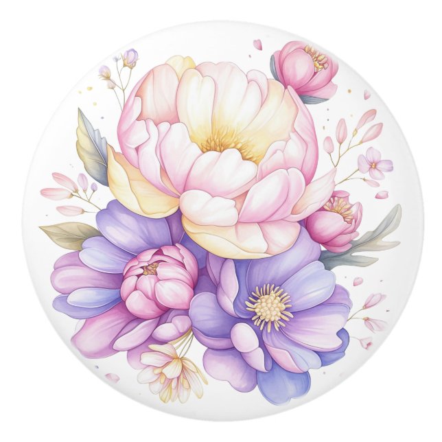 Colourful Pastel Flowers Floral Ceramic Knob (Front)