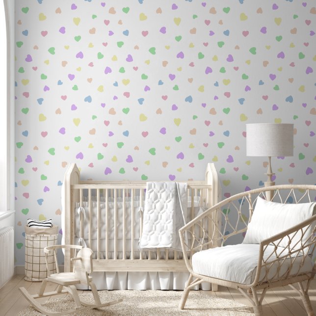 Colourful Pastel Hand-drawn Hearts on White Wallpaper (Kids)