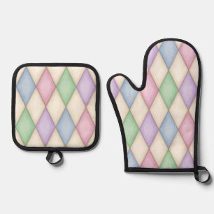 Colourful Pastel Harlequin Oven Mitt & Pot Holder Set