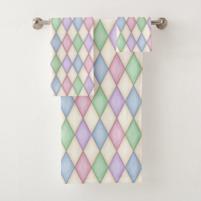 Colourful Pastel Harlequin Pattern Bath Towel Set (Insitu)