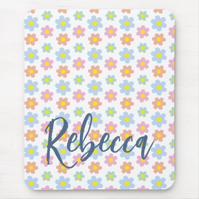 Colourful pastel hippy flowers girly 70s design mouse mat (Front)