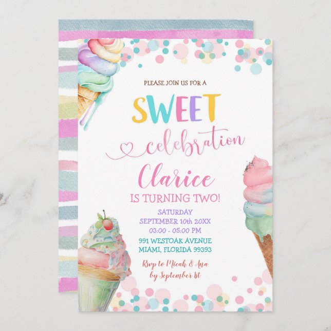 Colourful pastel Ice Cream Sweet Birthday Invitation (Front/Back)