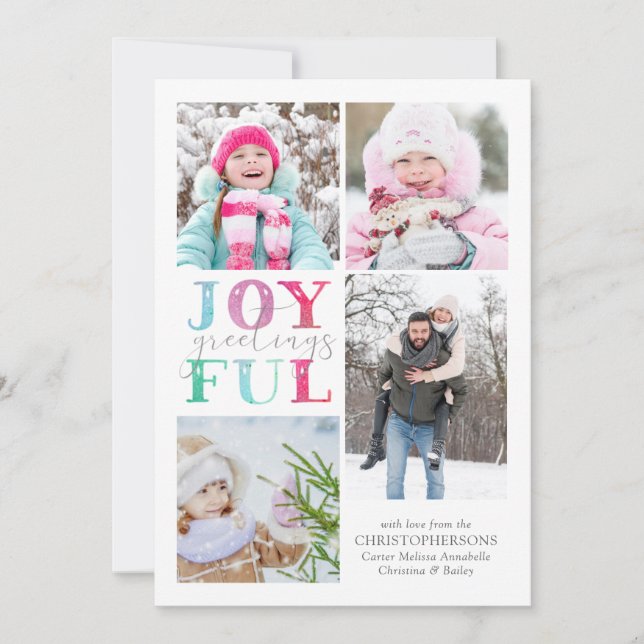 Colourful Pastel JOYFUL GREETINGS 4 Photos Holiday Card (Front)
