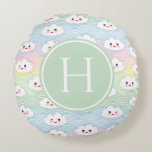 Colourful Pastel Kawaii Clouds Pattern Monogram Round Cushion<br><div class="desc">Add a cute accent to your living room or bedroom with this adorable monogram pillow.  It features kawaii clouds with colourful pastel waves pattern. Personalise this clouds pillow by adding a monogram. This kawaii pattern round pillow will be perfect as a personalised gift.</div>