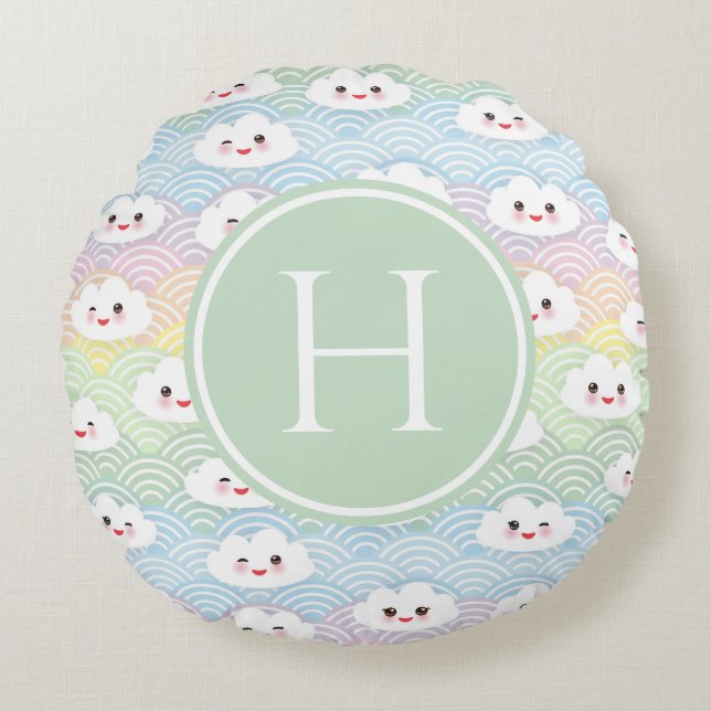 Colourful Pastel Kawaii Clouds Pattern Monogram Round Cushion (Front)