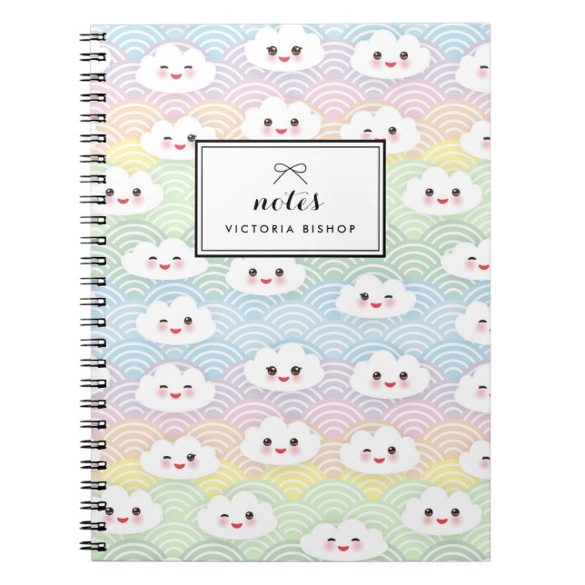 Colourful Pastel Kawaii Clouds Pattern Personalise Notebook (Front)