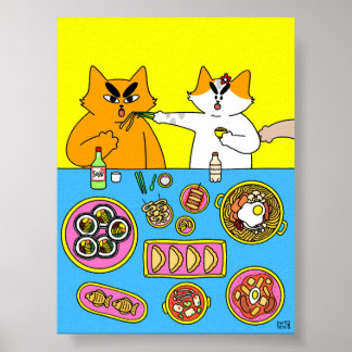 Colourful Pastel Korean Food Cat Illustration Poster