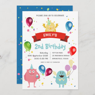Colourful Pastel Monster Bash Balloon Kids Birthda Invitation