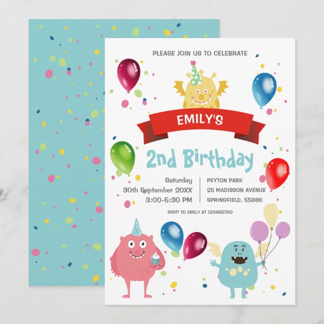 Colourful Pastel Monster Bash Balloon Kids Birthda Invitation (Front/Back)