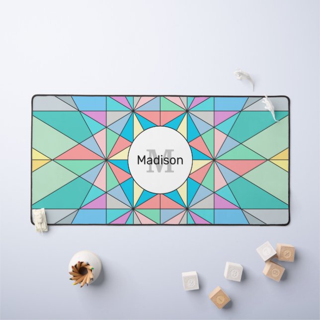 Colourful Pastel Mosaic Triangle Star Monogram Desk Mat (Kids Table)