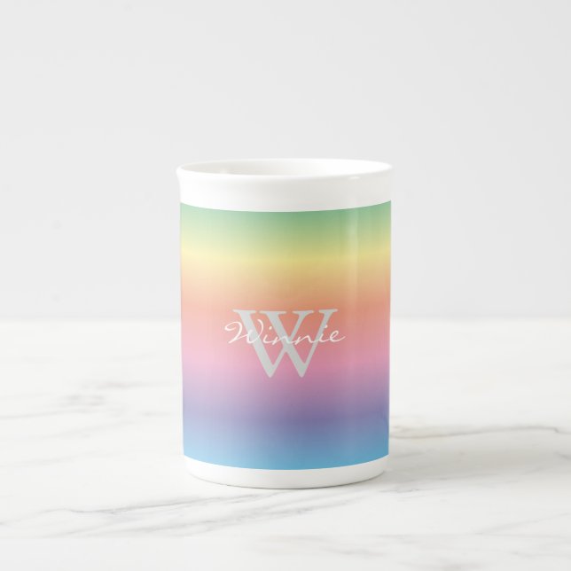 Colourful Pastel Rainbow Colours Monogram Bone China Mug (Front)