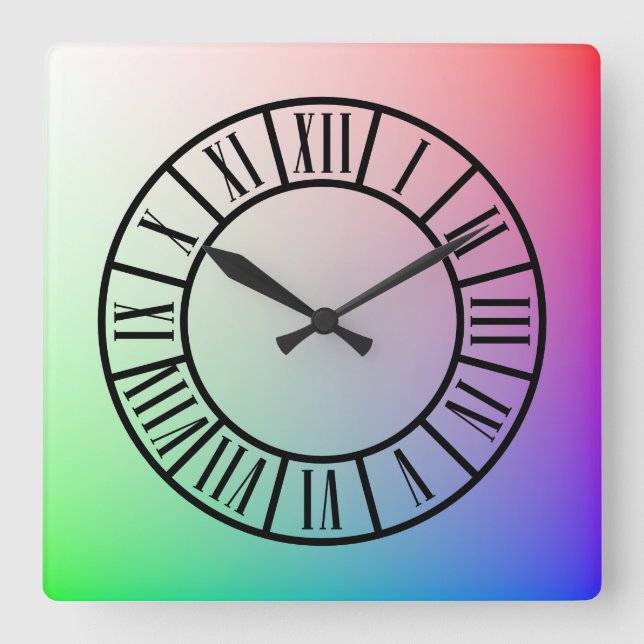 Colourful Pastel Rainbow, Segmented Roman Markers Square Wall Clock (Front)