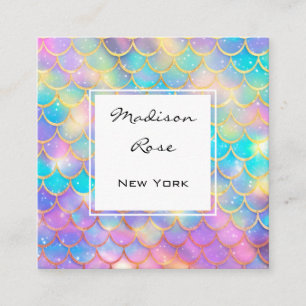 Colourful Pastel Rainbow Unicorn Gold Mermaid Scal Square Business Card