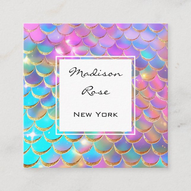 Colourful Pastel Rainbow Unicorn Gold Mermaid Scal Square Business Card (Front)