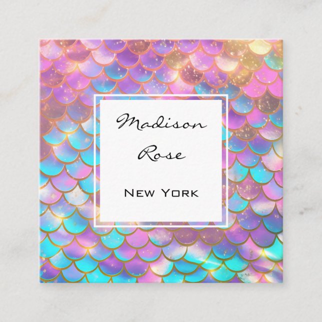 Colourful Pastel Rainbow Unicorn Gold Mermaid Scal Square Business Card (Front)