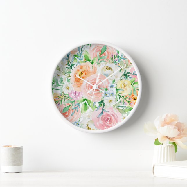Colourful Pastel Rose Flowers Pattern Clock (Home)