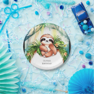Colourful Pastel Sloth Birthday Paper Plate